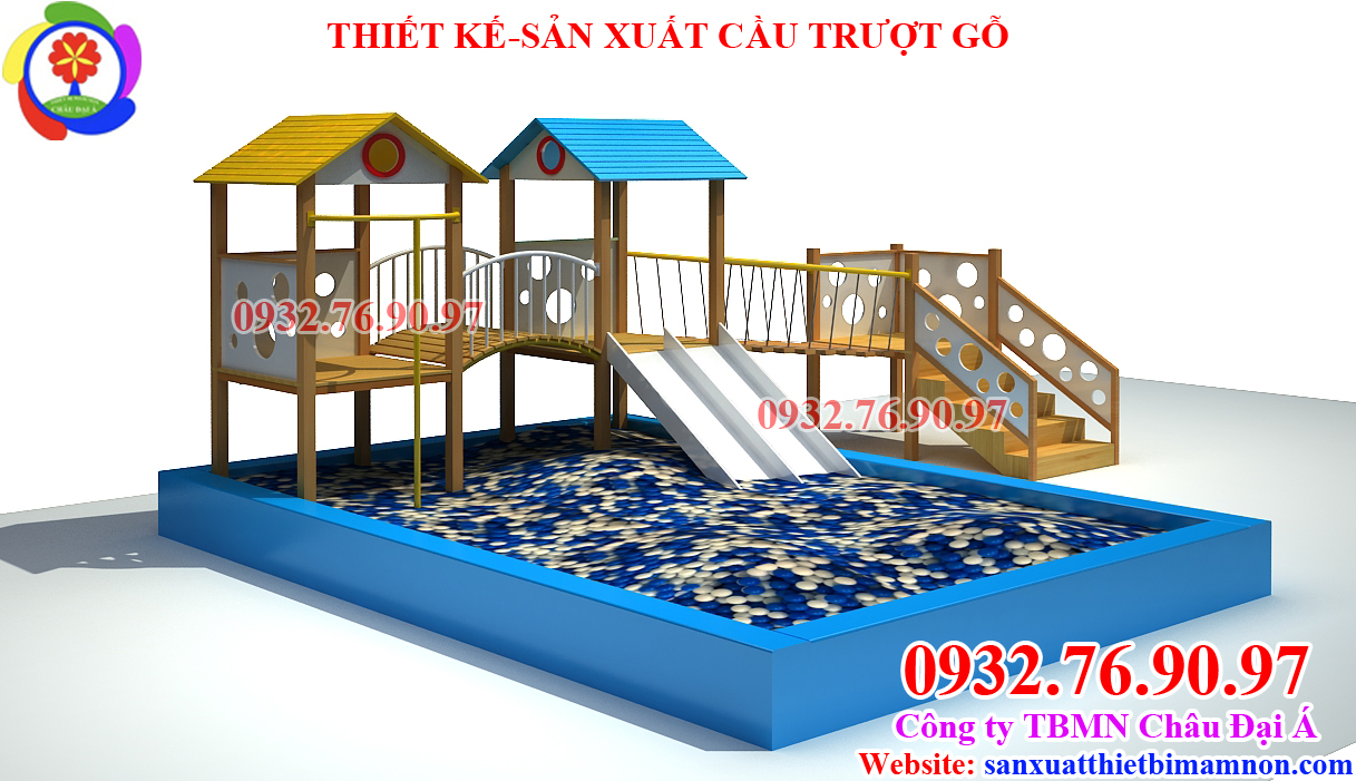 Cầu trượt gỗ 2 khối nhà máng đôi nhà banh