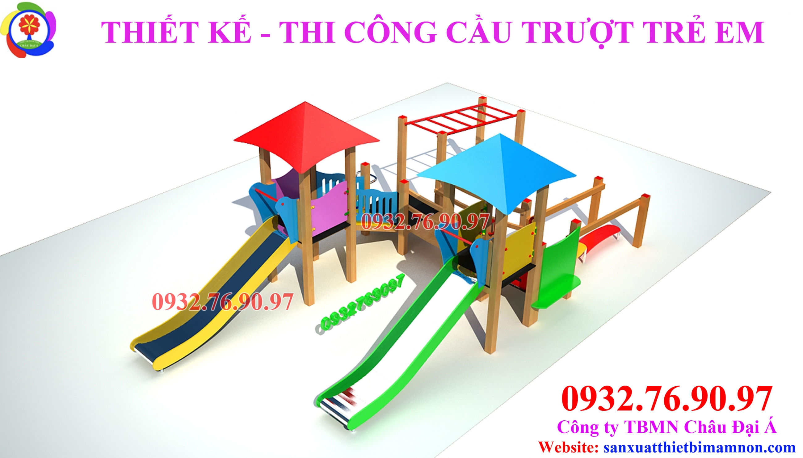 Cầu trượt 2 khối 2  máng đơn  thang leo