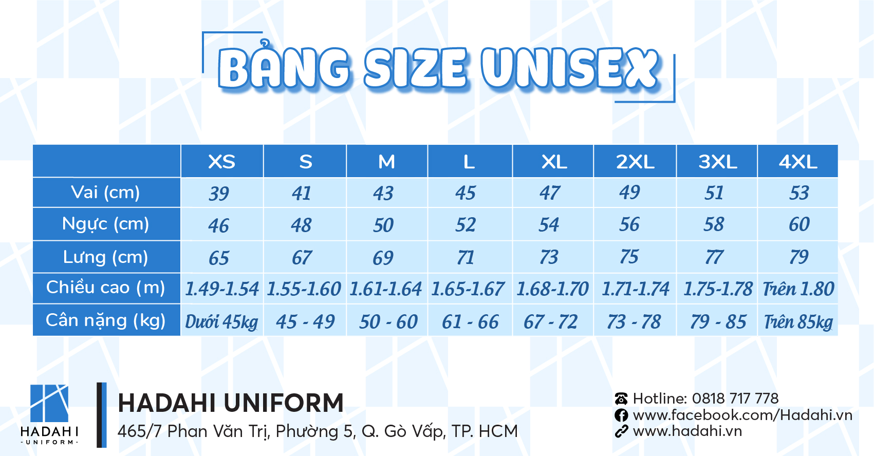 bang size ao thun unisex