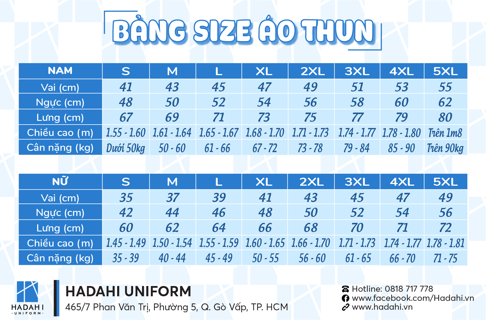 Bảng size áo thun đồng phục nam - nữ