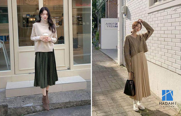 Phối chân váy xếp ly dài