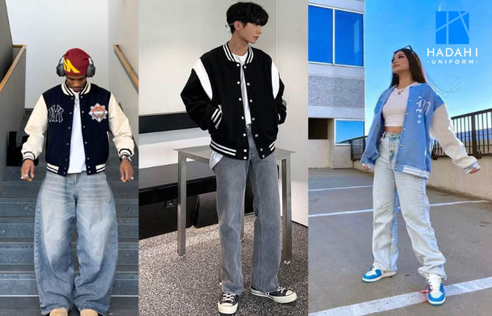 Áo khoác bóng chày đồng phục mix quần jeans và áo thun