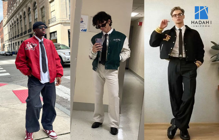 Áo khoác bóng chày đồng phục mix quần chinos và áo sơ mi