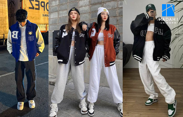 Áo khoác bóng chày đồng phục mix quần jogger và giày thể thao