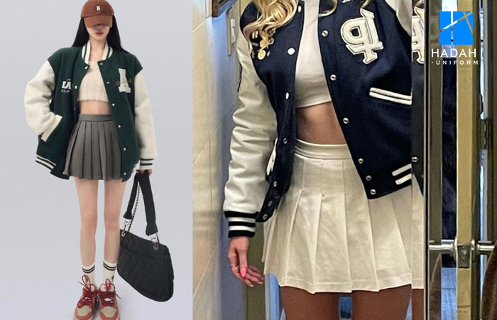 Áo khoác bóng chày đồng phục mix váy ngắn