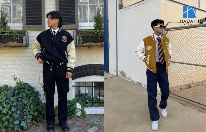 Áo khoác bóng chày đồng phục mix quần tây và áo sơ mi