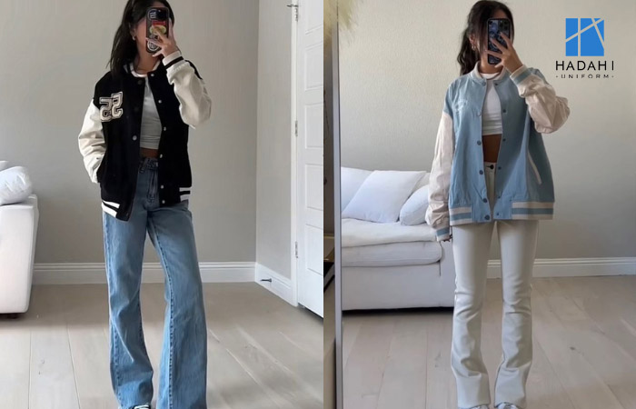 Áo khoác bóng chày đồng phục mix áo crop top