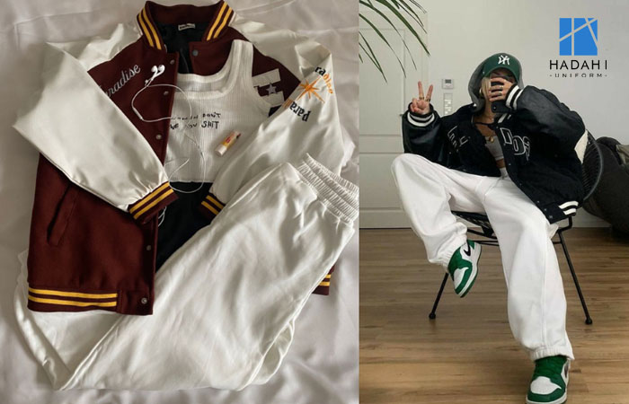 Áo khoác bóng chày đồng phục mix quần thun và giày sneaker