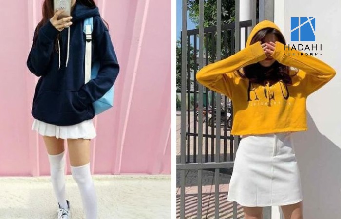 Mix áo hoodie với chân váy ngắn