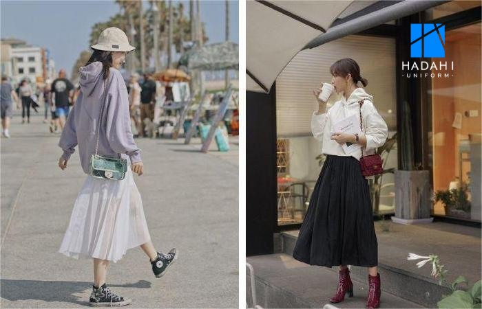 Phối áo hoodie với chân váy dài