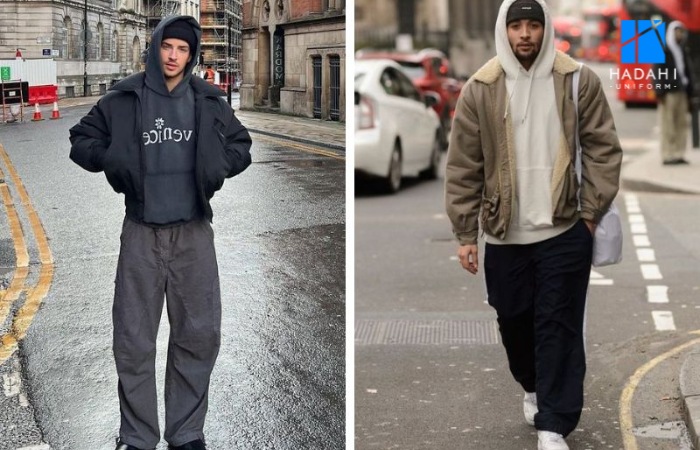 Áo hoodie nam phối với quần ống rộng