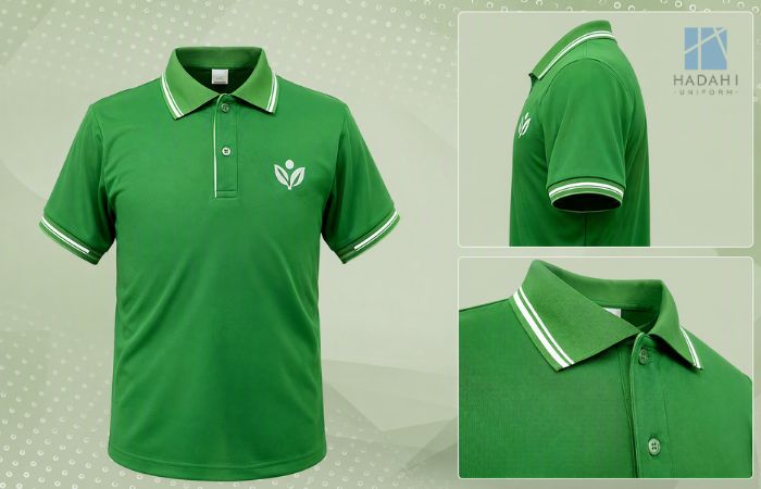 Mẫu 1: Áo đồng phục polo xanh lá cây viền trắng