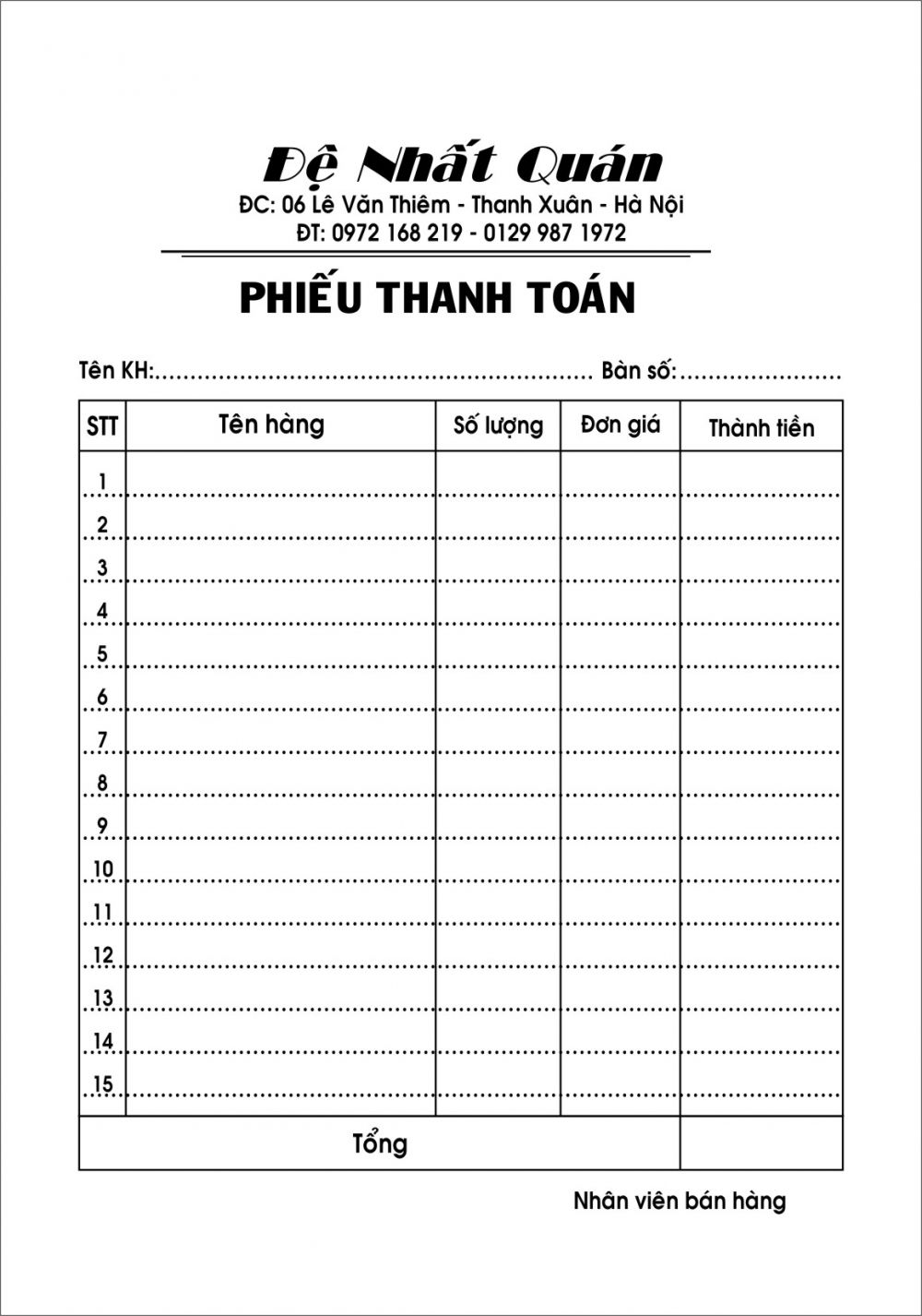 in phiếu thanh toán nhà hàng