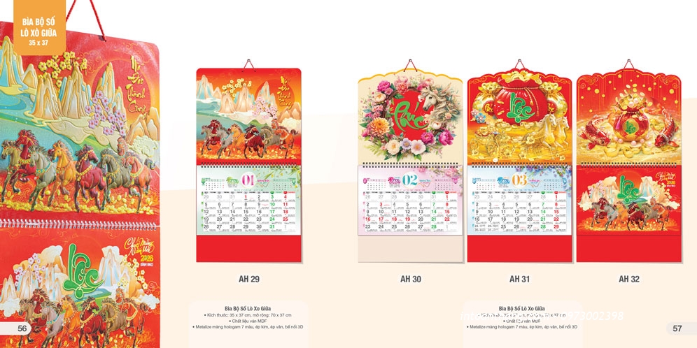 Mẫu Lịch lò xo giữa 2026 -  mã AH - BM - HBT - MT - NB - NST - NSV - VL