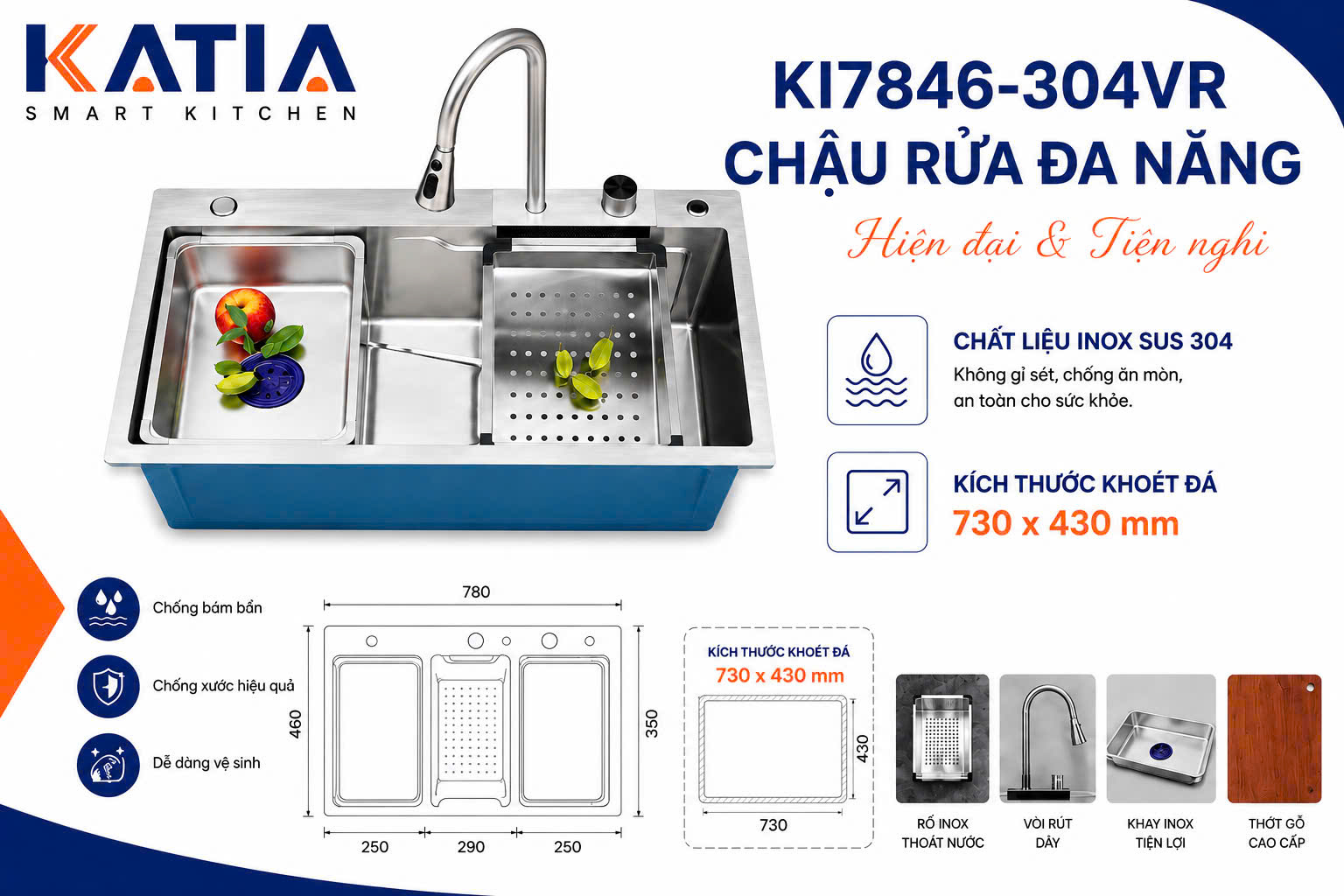 Chậu rửa bát cao cấp KI7846-304VR