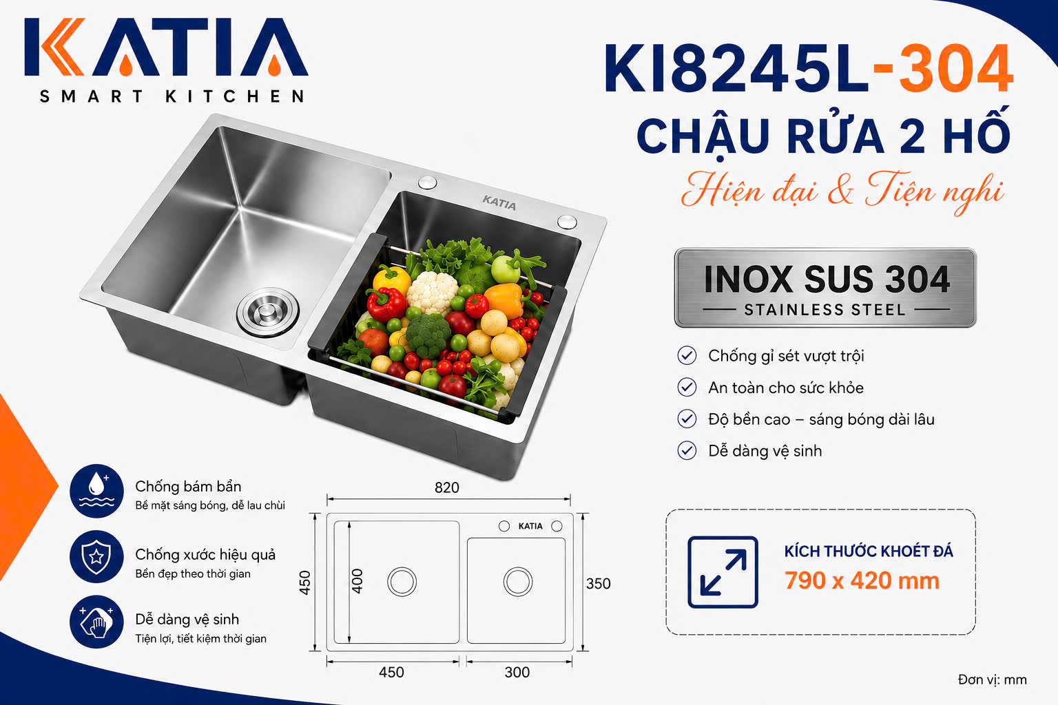 Chậu rửa bát cao cấp KI8245L-304