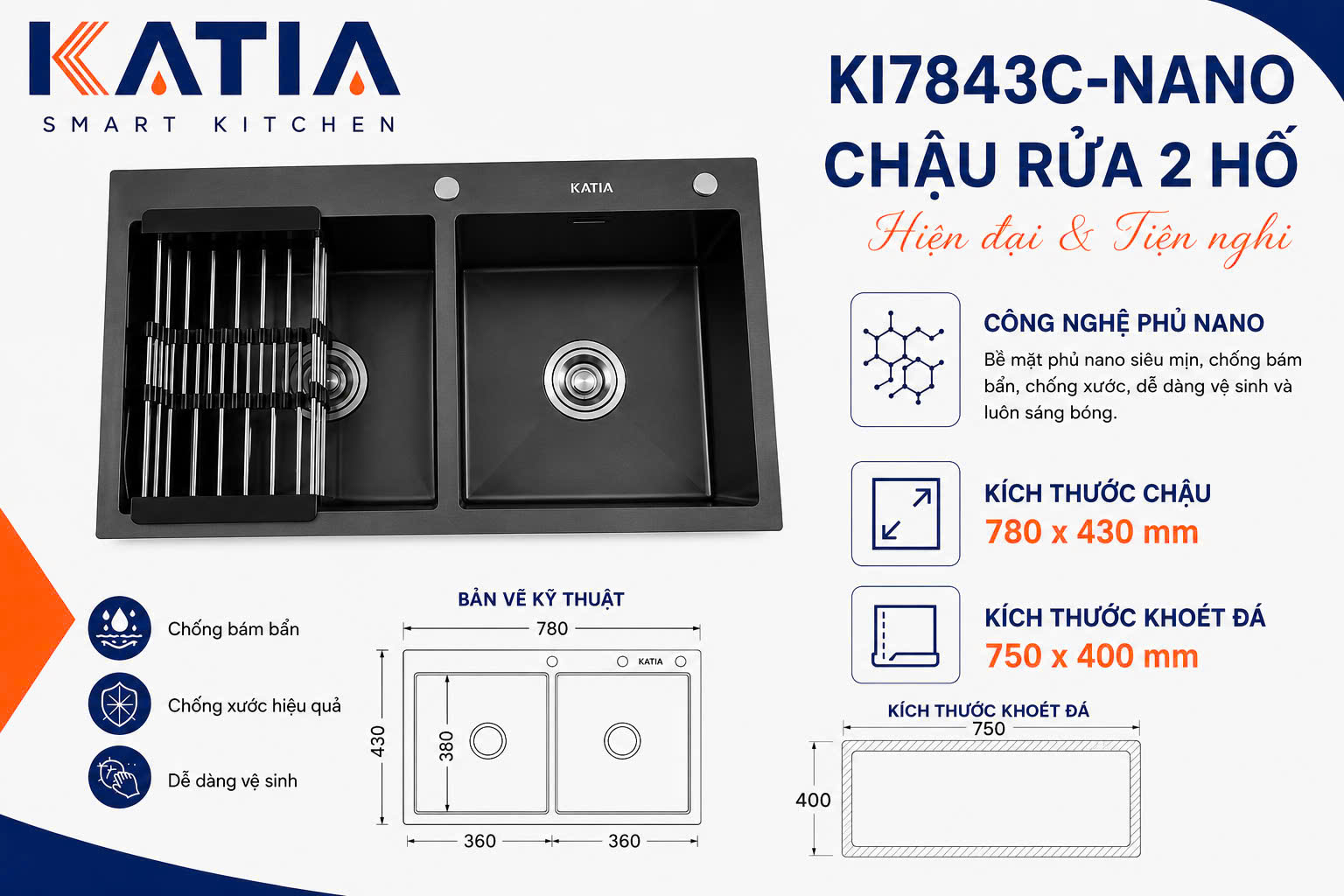 Chậu rửa bát cao cấp KI7843C-Nano