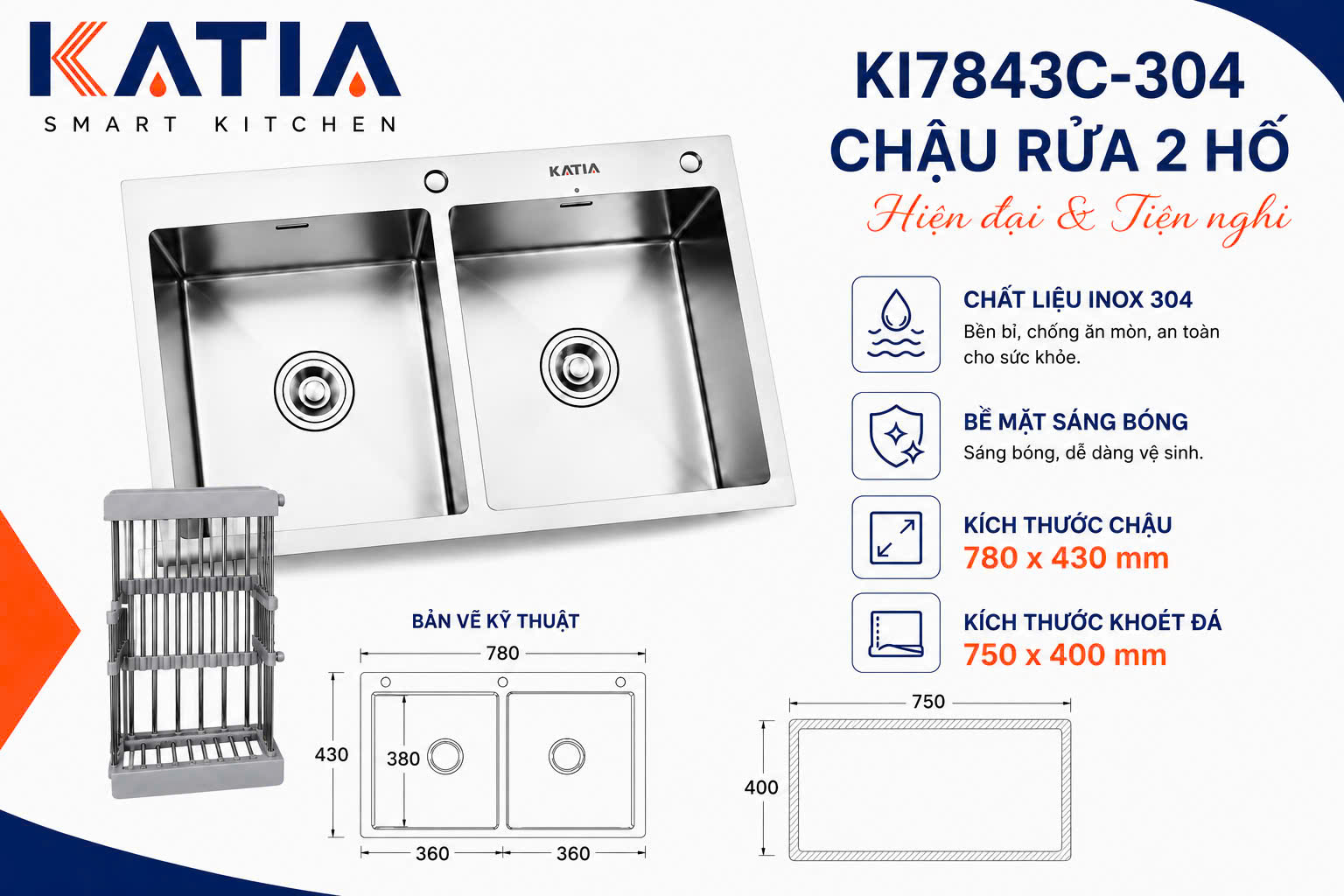 Chậu rửa bát cao cấp KI7843C-304