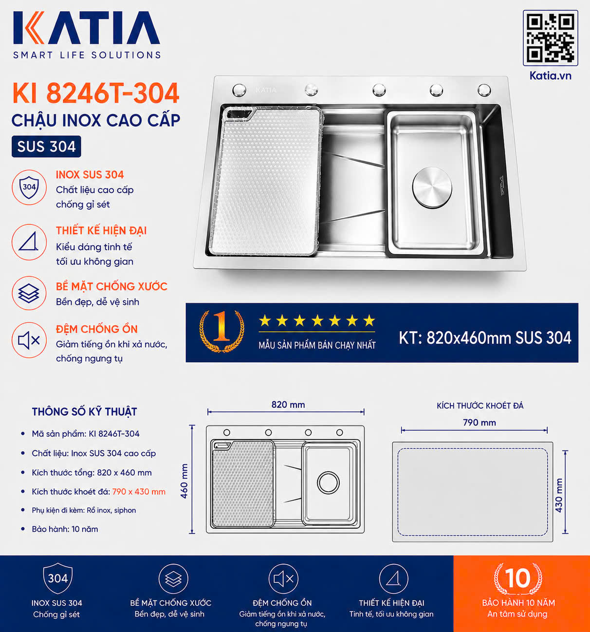Chậu rửa bát cao cấp KI8246T-304