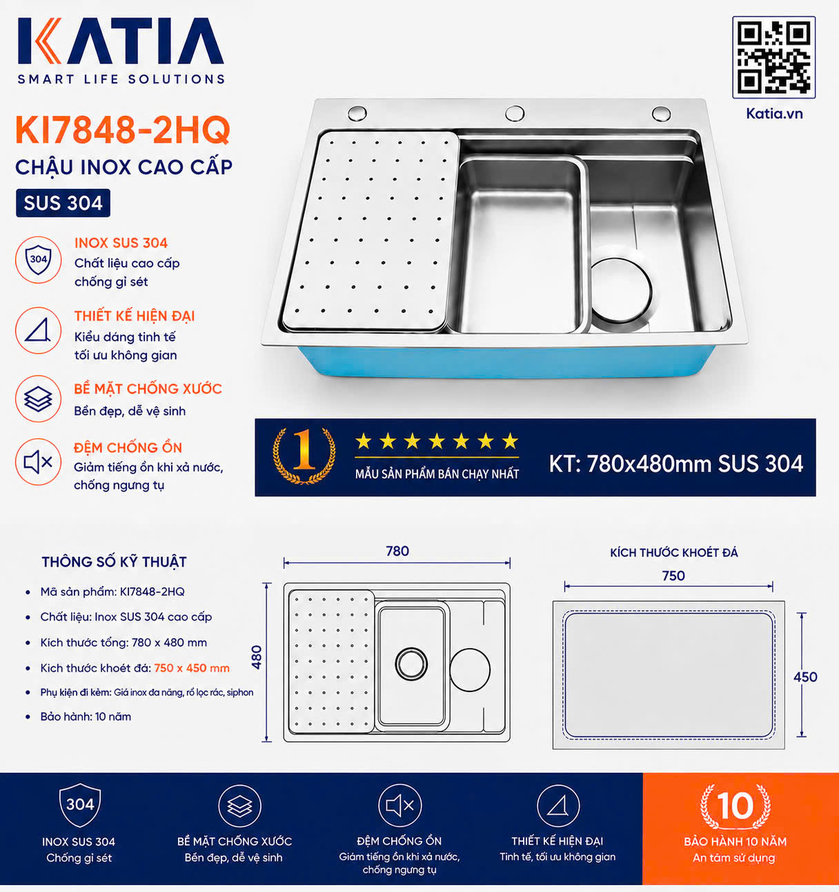 Chậu rửa bát cao cấp KI7848-2HQ
