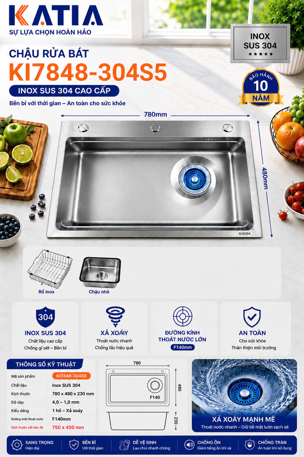Chậu rửa bát cao cấp KI7848-304S5