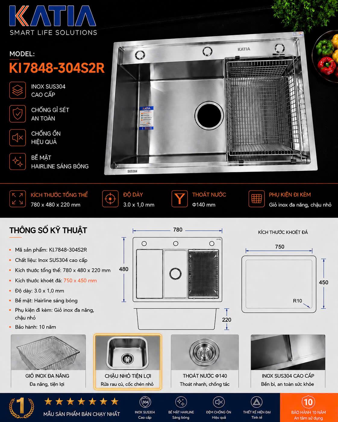 Chậu rửa bát cao cấp KI7848-304S2R