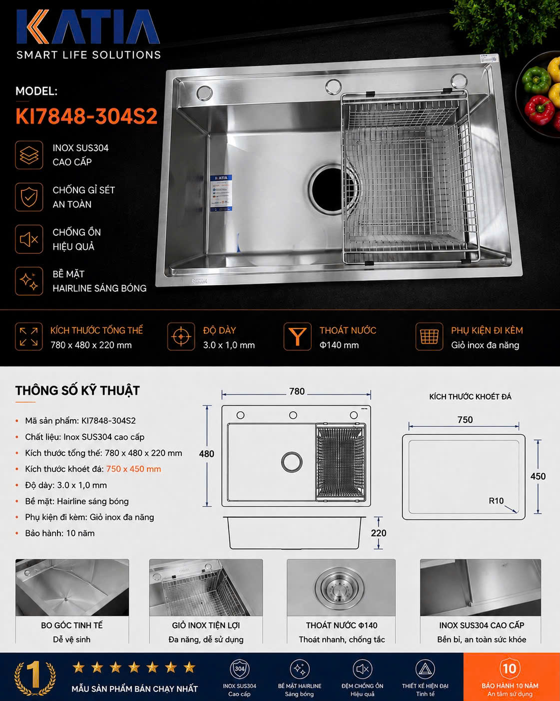Chậu rửa bát cao cấp KI7848-304S2
