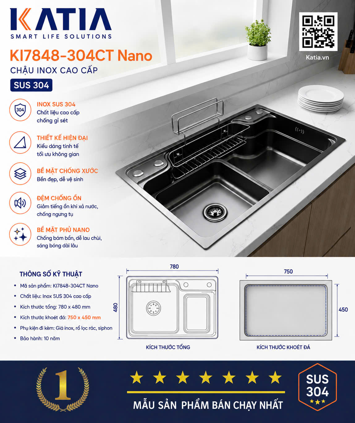 Chậu rửa bát cao cấp KI7848-304CTNANO
