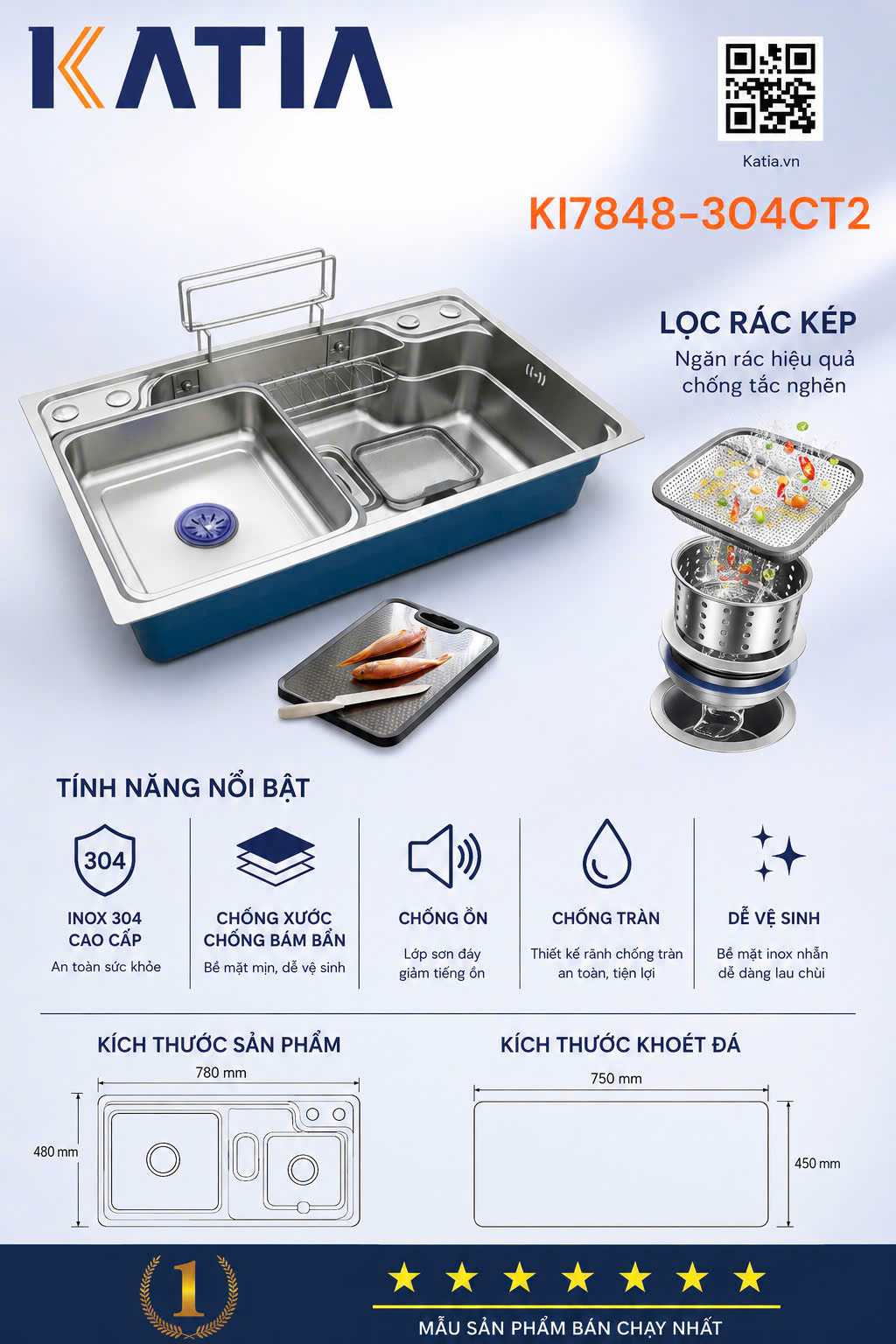 Chậu rửa bát cao cấp KI7848-304CT2