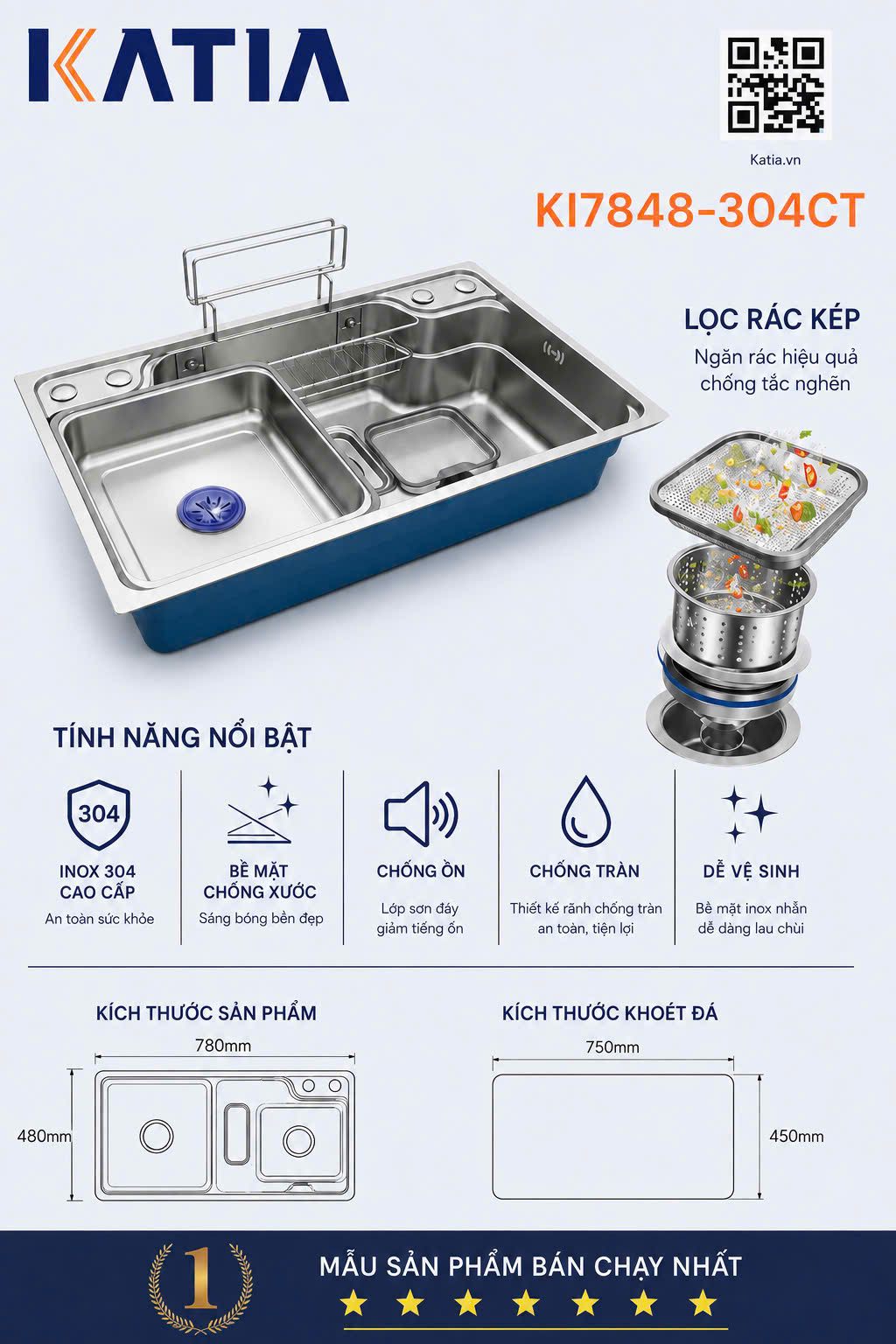 Chậu rửa bát cao cấp KI7848-304CT
