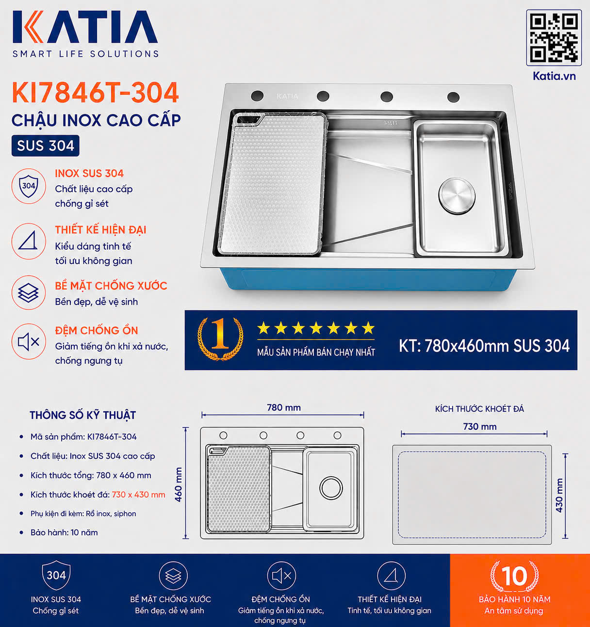Chậu rửa bát cao cấp KI7846T-304
