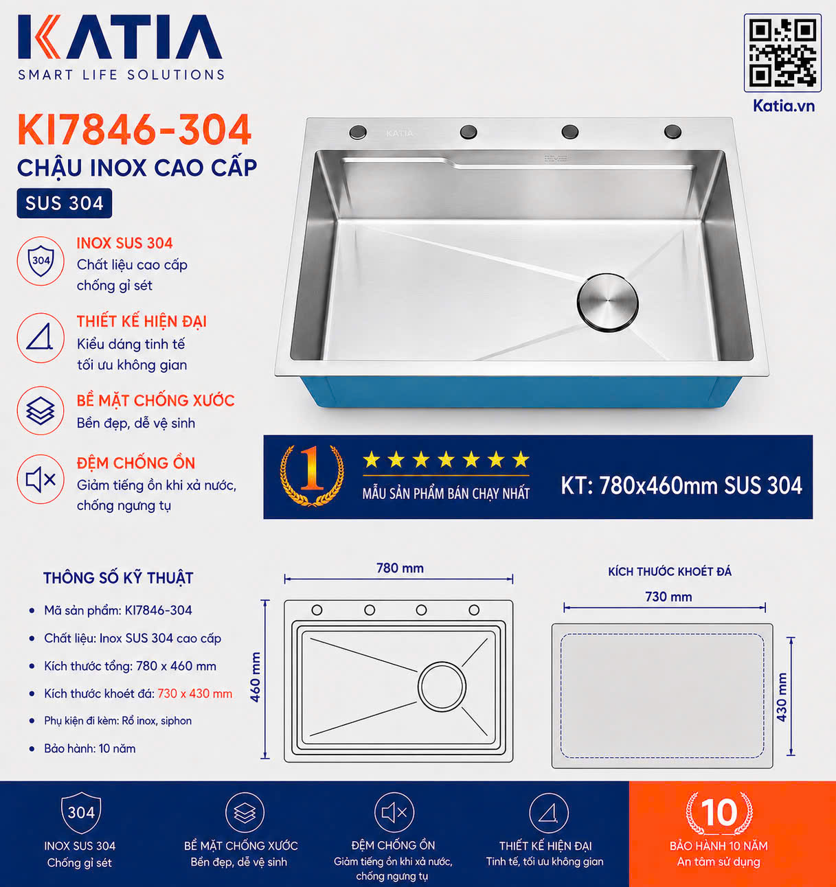 Chậu rửa bát cao cấp KI7846-304