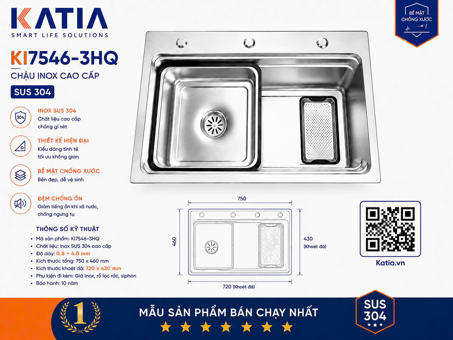 Chậu rửa bát cao cấp KI7546-3HQ
