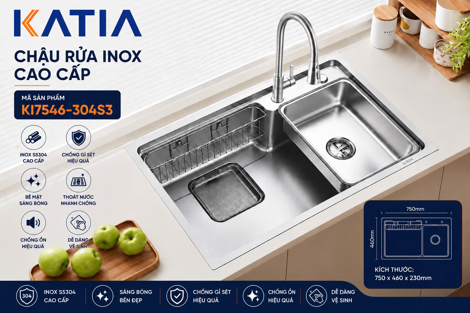 Chậu rửa bát cao cấp KI7546-304S3